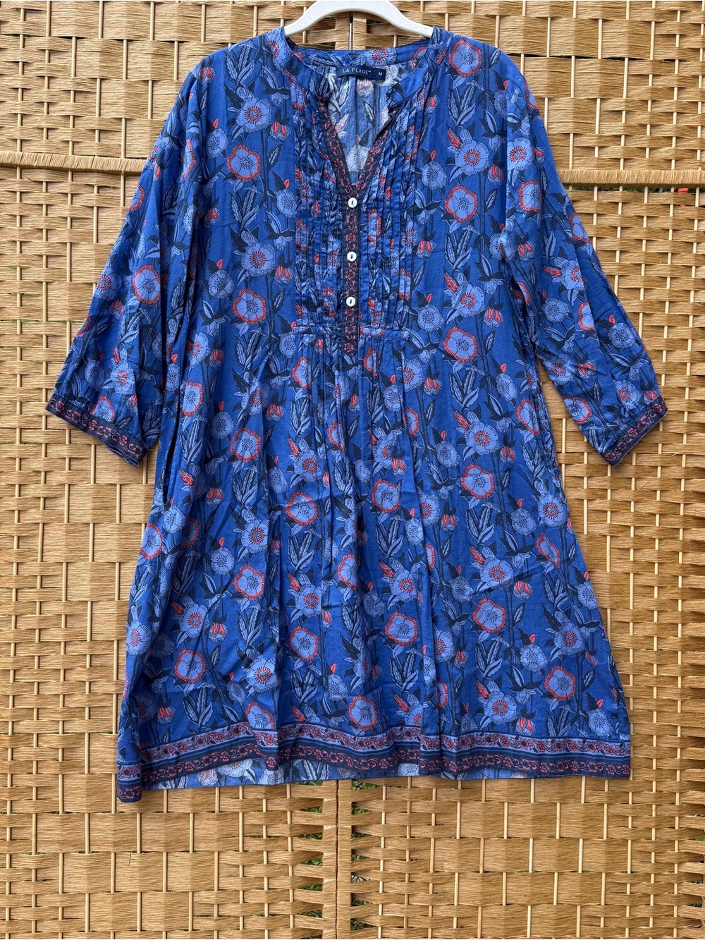 La Plage Floral Blue Mini Dress Women’s Medium 100% Cotton